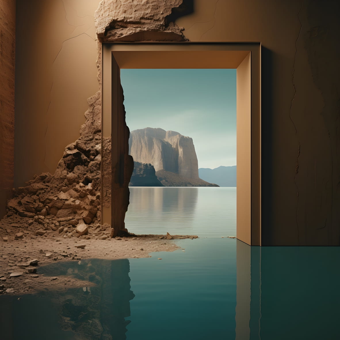 An image of an unused room with massive lake and desert in a huge hole  futurecore, high contrast chiaroscuro warm tones 3