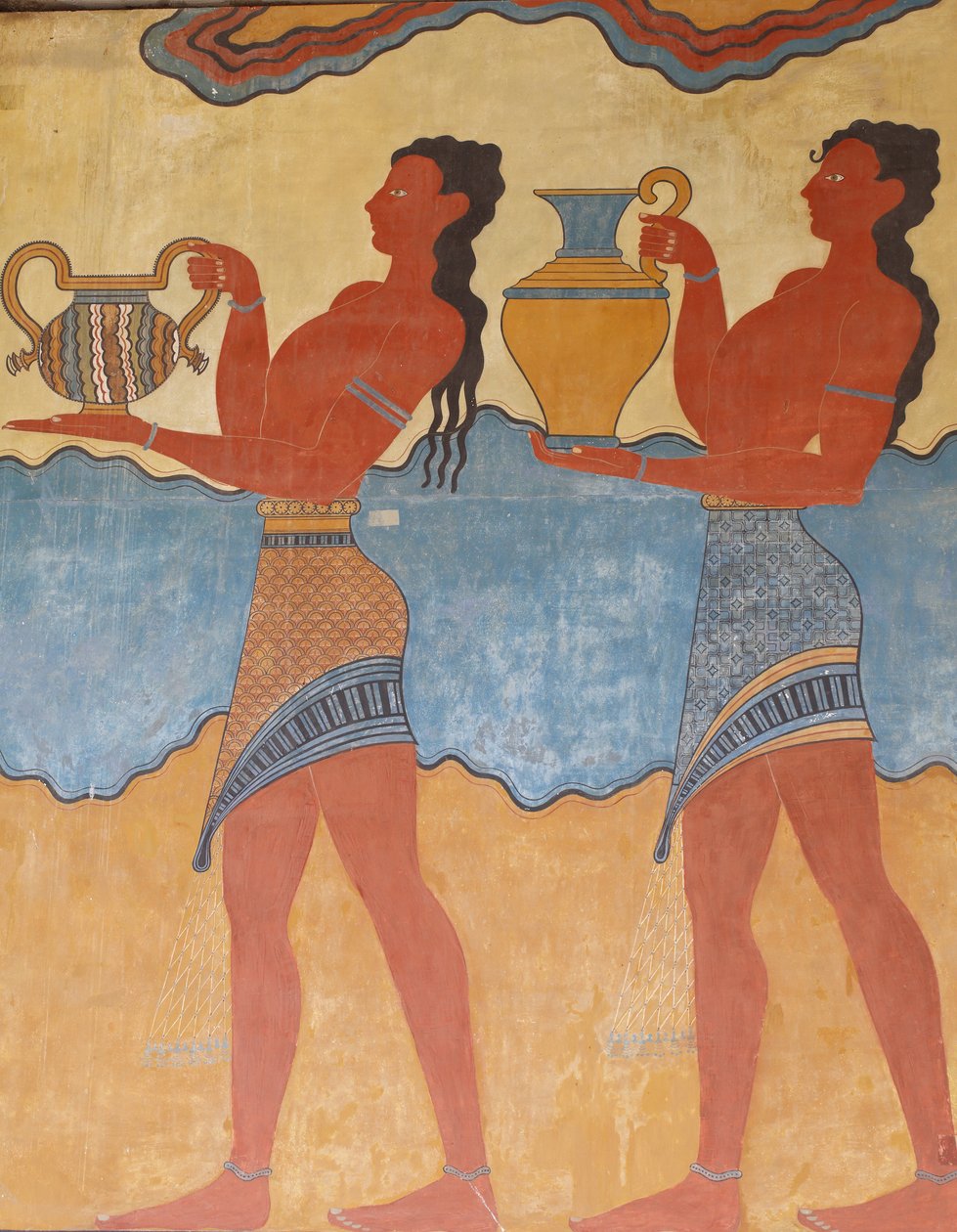 Minoan Archaeological Site of Knossos. Minoan Art. Figures of the Procession Fresco from the Palace at Knossos. South Entrance. Copy of a Relief Wall Painting by Unknown