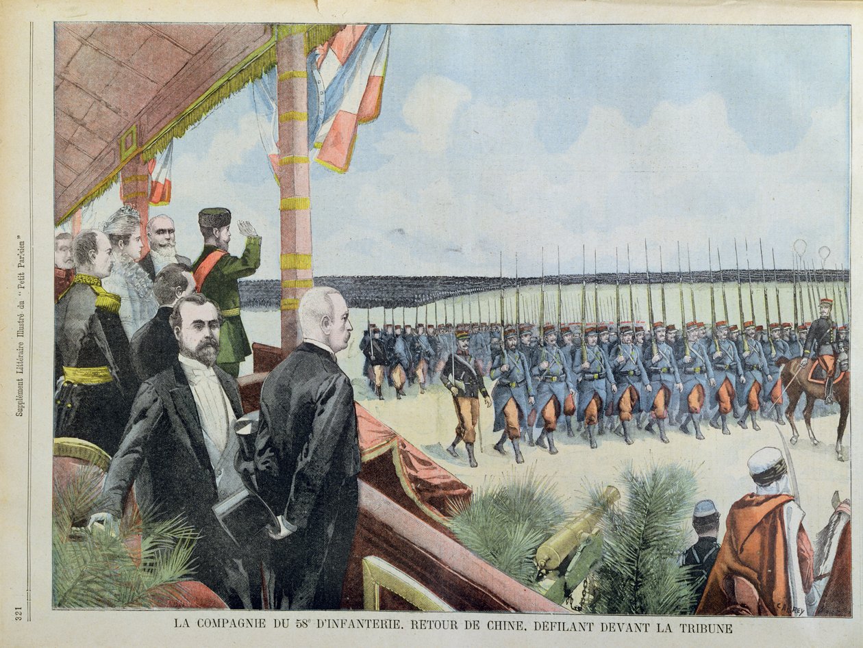 President Loubet and Tsar Nicolas II with his wife, Tsarina Alexandra reviewing the 58th Company of Infantry on their return from China, illustration from 