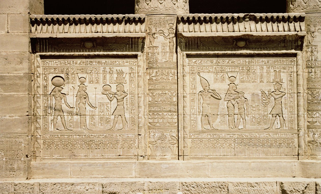 Two Reliefs Depicting a Pharaoh Making an Offering to Hathor and Horus, and Hathor Suckling the Young Ihy by Greco Roman