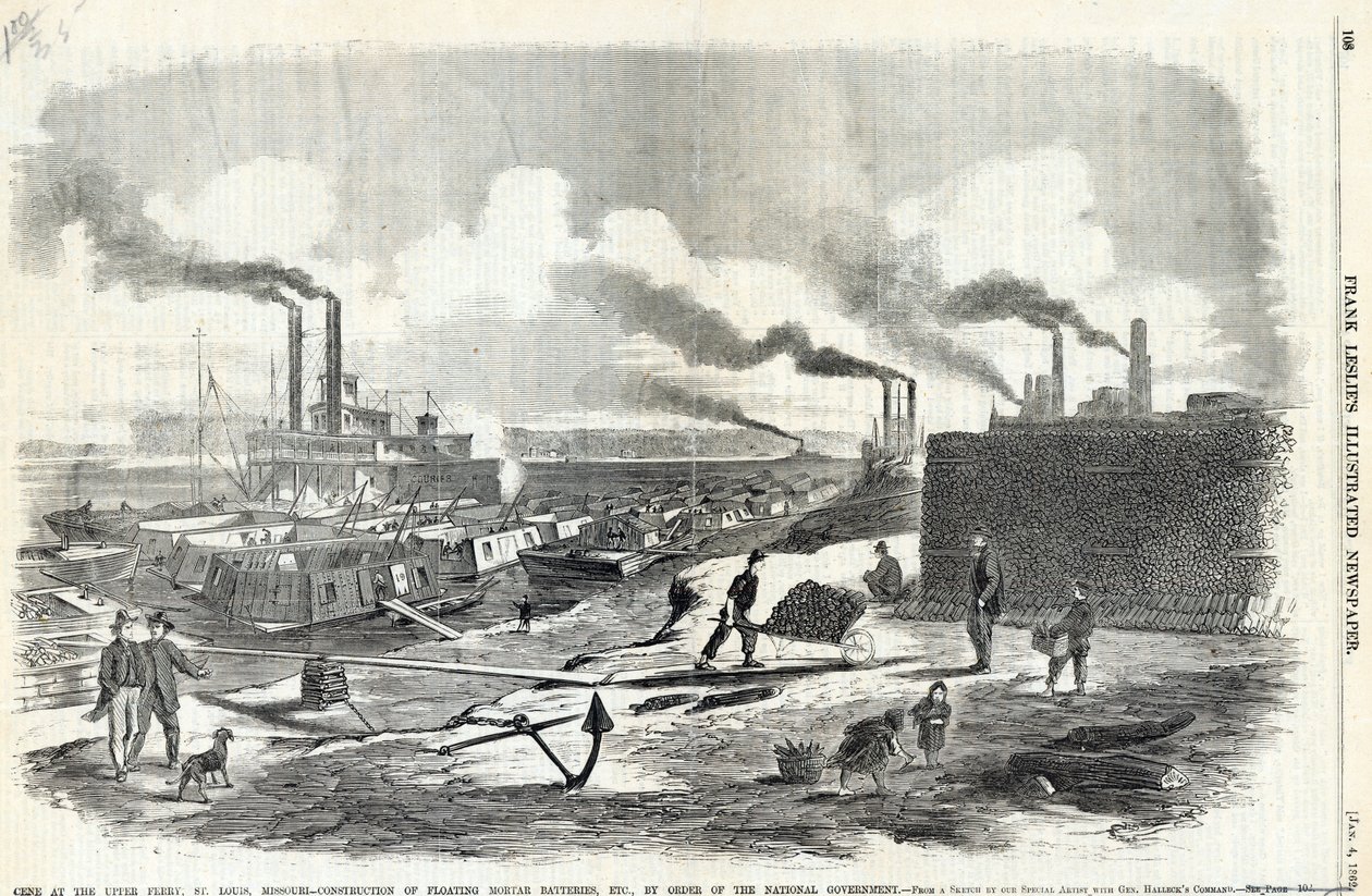 Print of the Construction of Mortar Boats along Shoreline with a Riverboat in the Background by Unknown