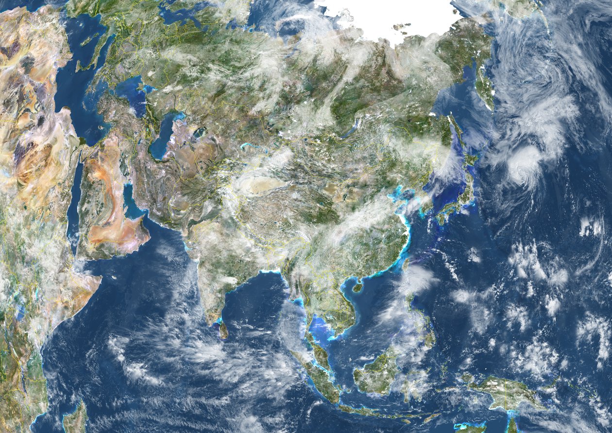 Asia with Country Borders and Cloud Coverage, True Colour Satellite Image by Unknown