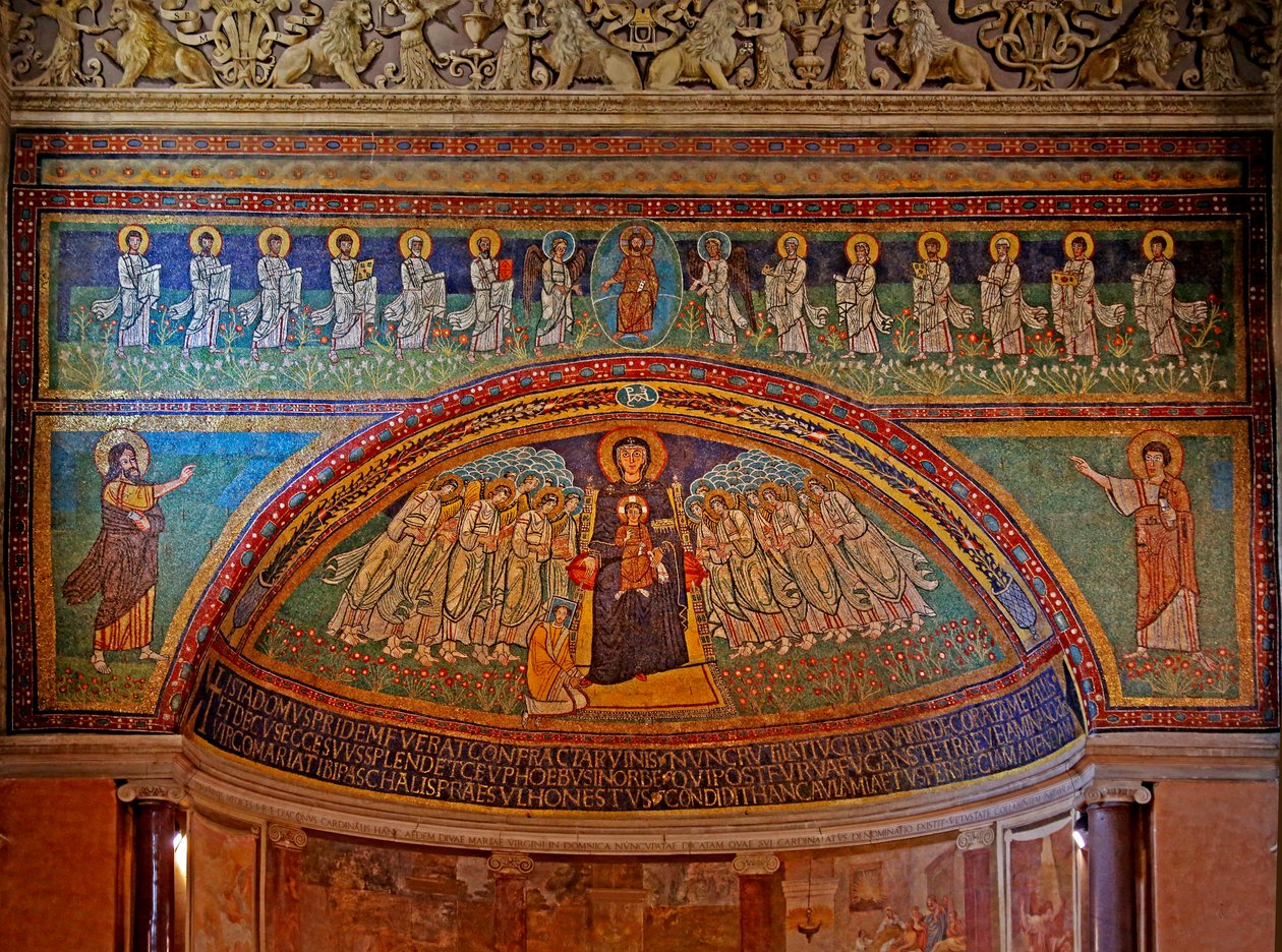 East End and Apse: Christ and 12 Apostles, Moses and Elias Below: Within the Apse are the Virgin & Child with Donor (Pope Paschal) and Angels by Unknown