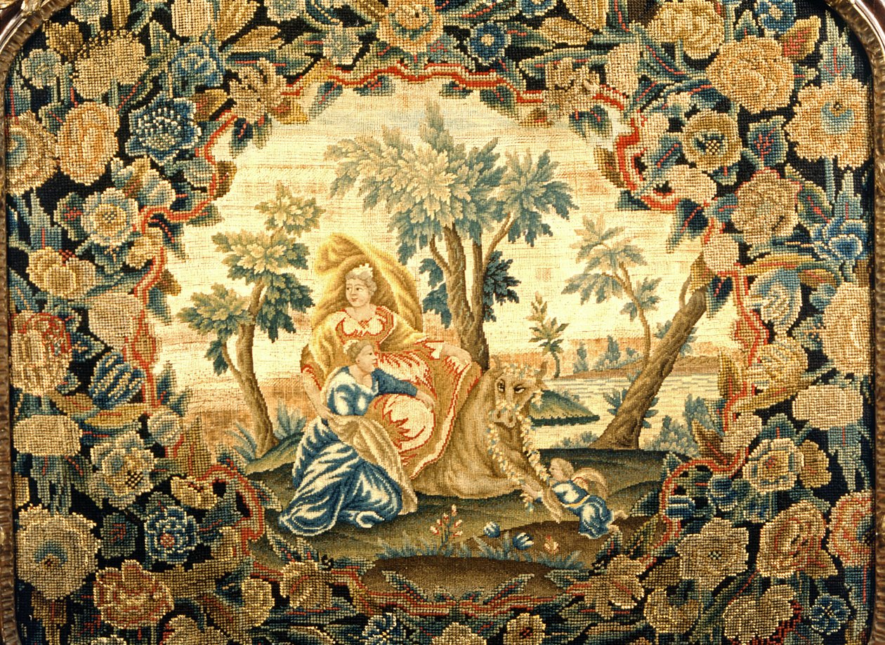 Europa and the Bull, close-up of tapestry screen in George III wooden frame by Unknown