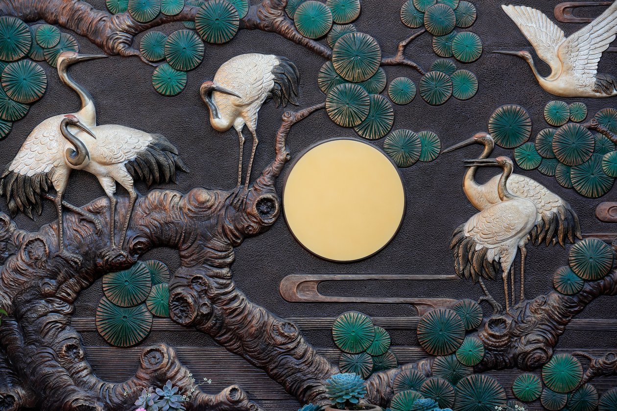 Linh Phong Buddhist Temple, Red Crowned Cranes, Dalat, Vietnam by Unknown