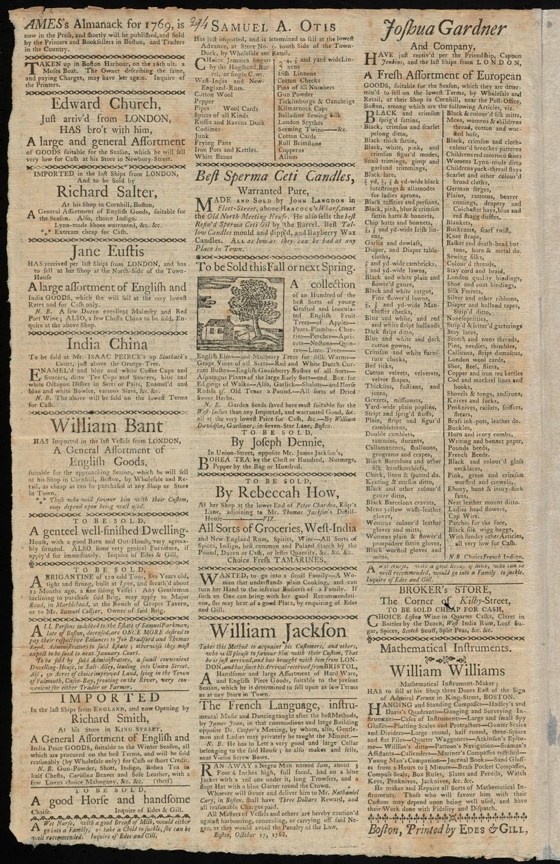 Boston Advertisements for Goods Subjected to Import Duties and Trade Restrictions by American School