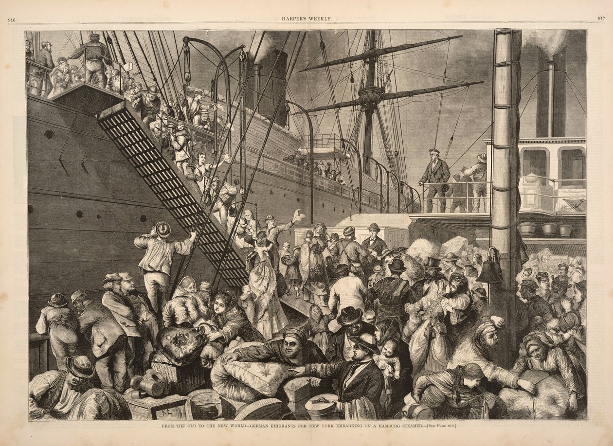 From the Old to the New World - German Emigrants for New York Embarking on a Hamburg Steamer, from Harper