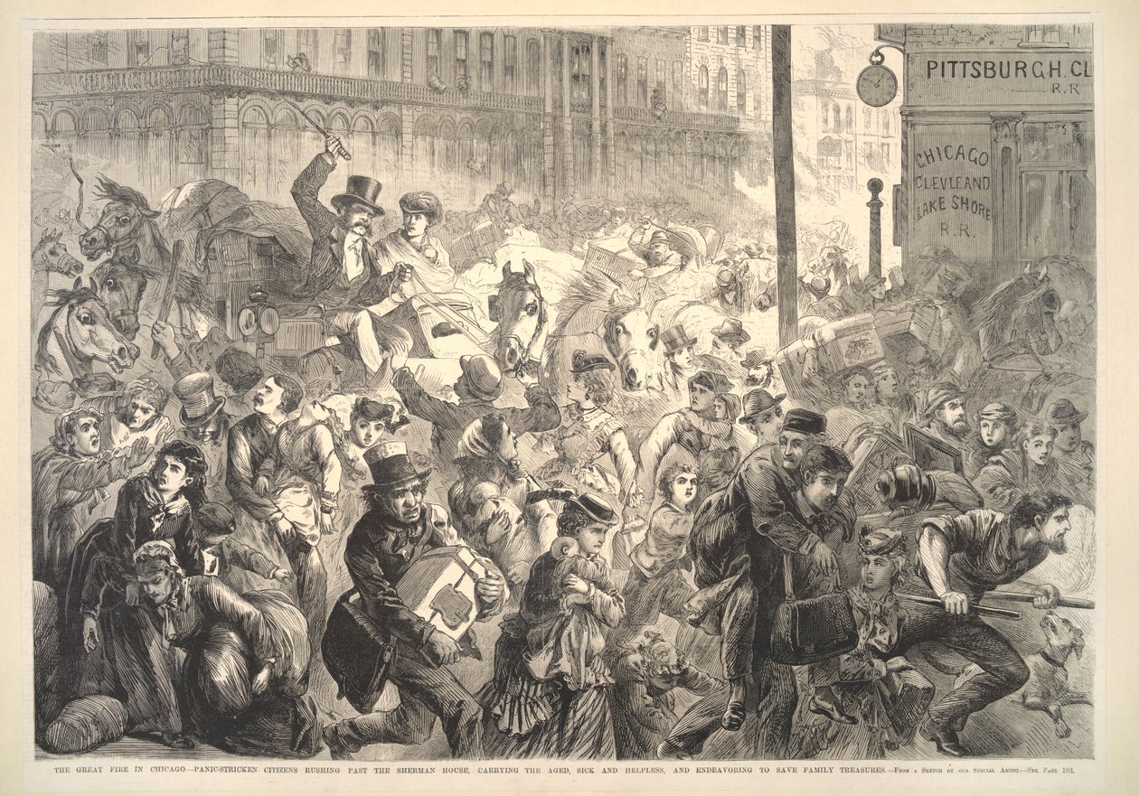 The great fire in Chicago: panic-stricken citizens rushing past the Sherman House, illustration from Frank Leslie