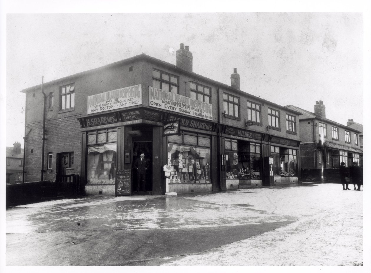 Harold Sharp National Health Dispensing Chemist, Rookwood Parade, York Road, Leeds, 1936 by English Photographer