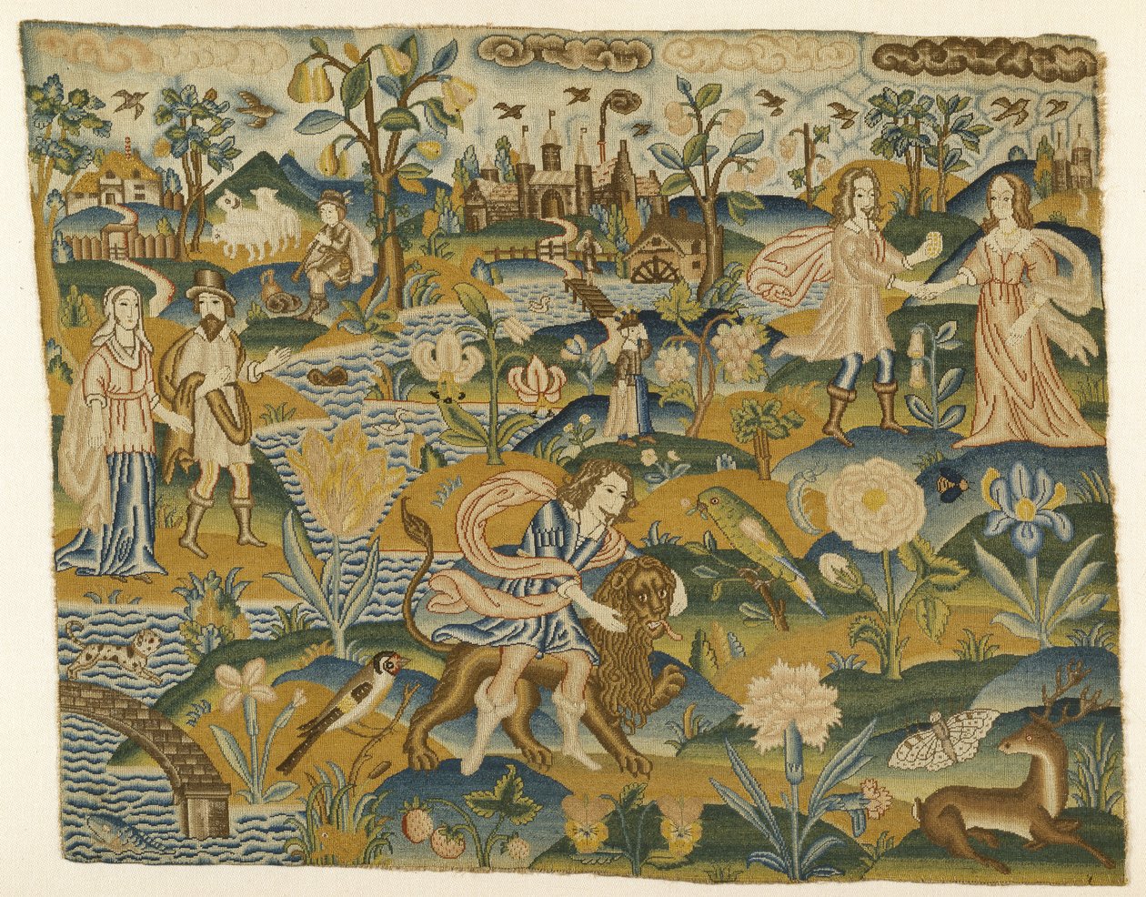 Embroidered picture: Man with a Lion in a Landscape with two Couples, 2nd half of the 17th century by English School