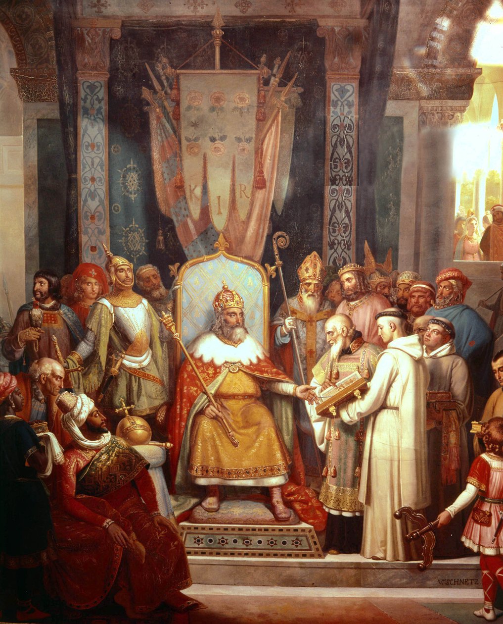 French king Charlemagne with Alcuin by French School