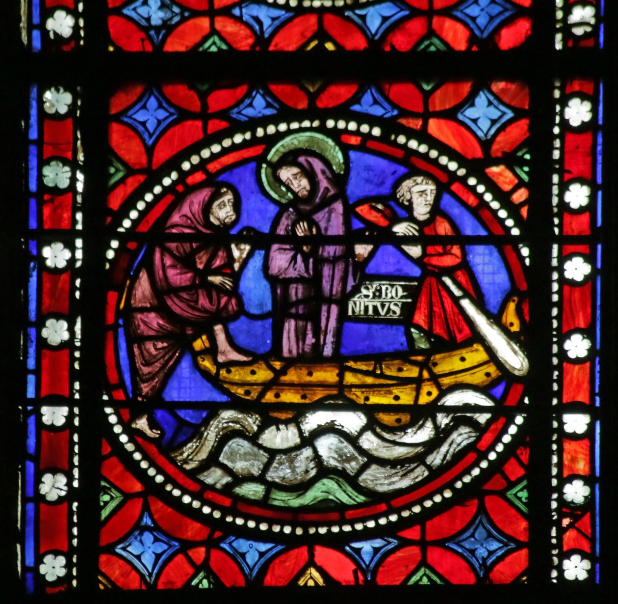 Window depicting Scene from the life of Saint Bonnet: Saint on his Journey to Rome and Adventures waiting for his Companion to join him by French School