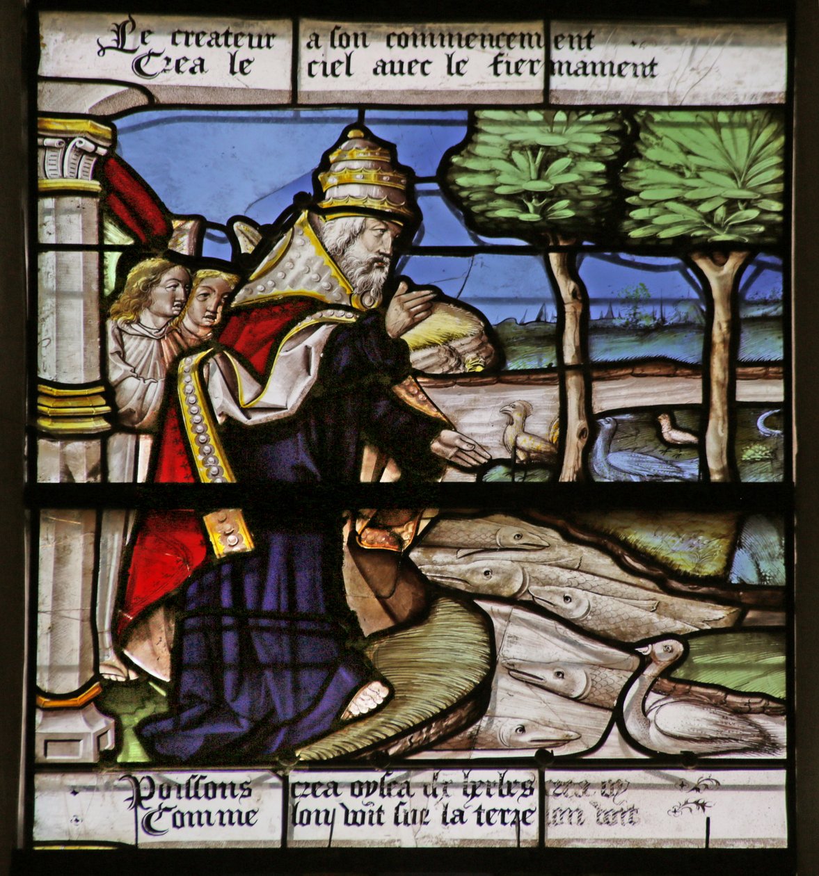 Window depicting the Creation of Fish and Birds by French School