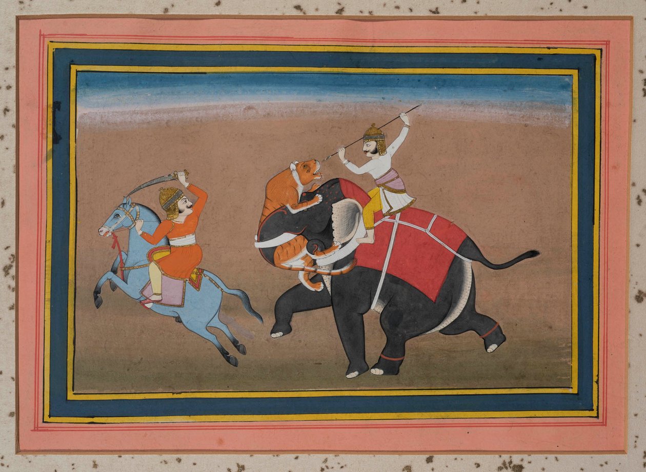 Tiger attacking an elephant by Indian School