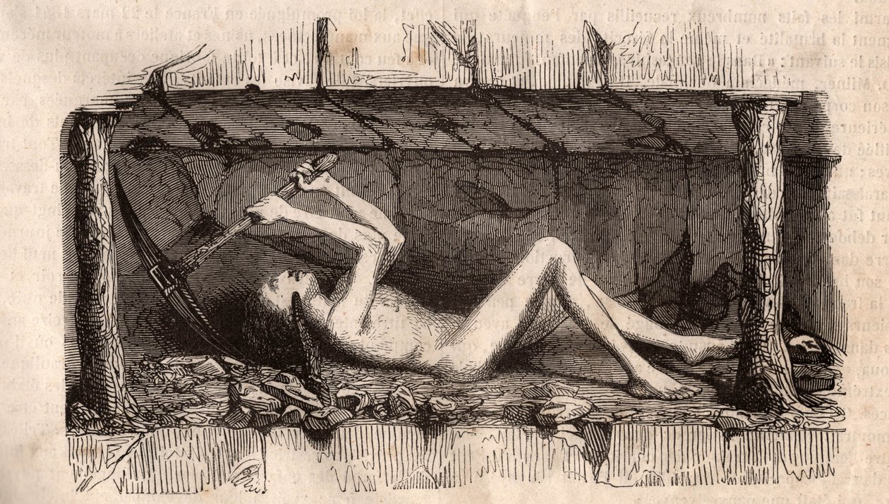 A young man, lying on the ground and picking the ceiling of a tunnel in an English coal mine by Unknown