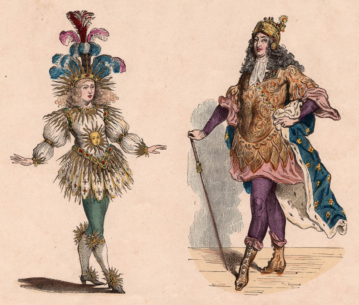Two Views of Louis XIV in Suits: One for the Theater Evoking the Sun with Ostrich Feathers, One for the Carousel, with Armor and Cape Lilies by Unknown