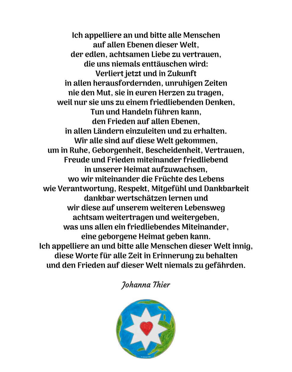 Peace Message with the Star of the Noble, Mindful Love for all Humans of this World by Johanna Thier