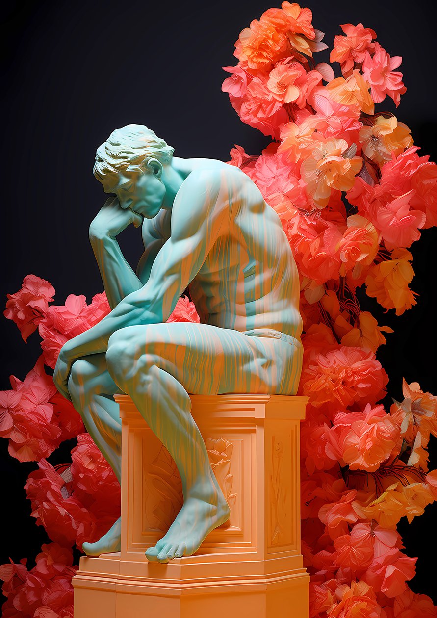 The Thinker Statue in Floral Decoupage by F. Abderrahim