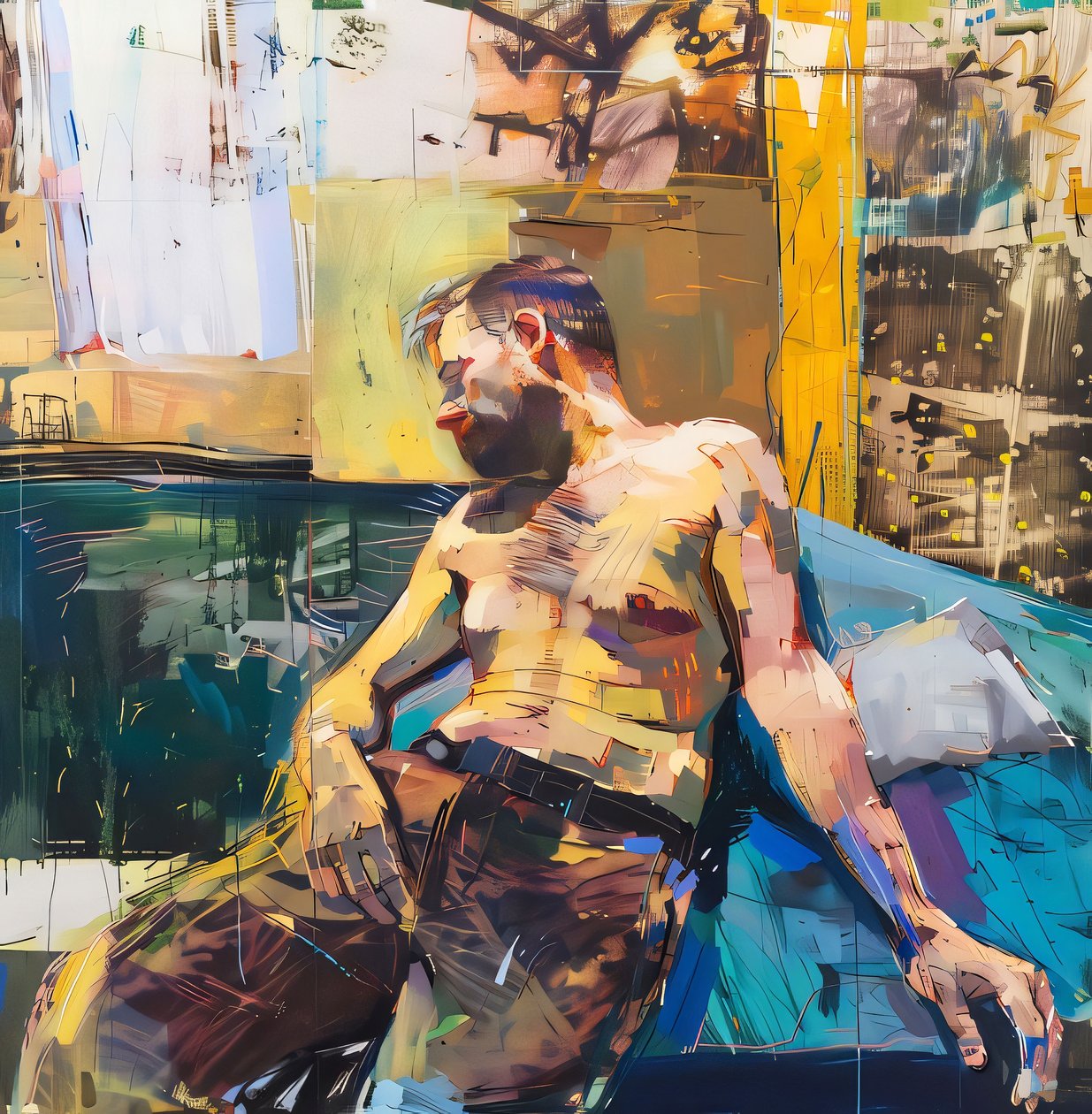 Impressionist painting & drawing showing A man at rest by F. Abderrahim