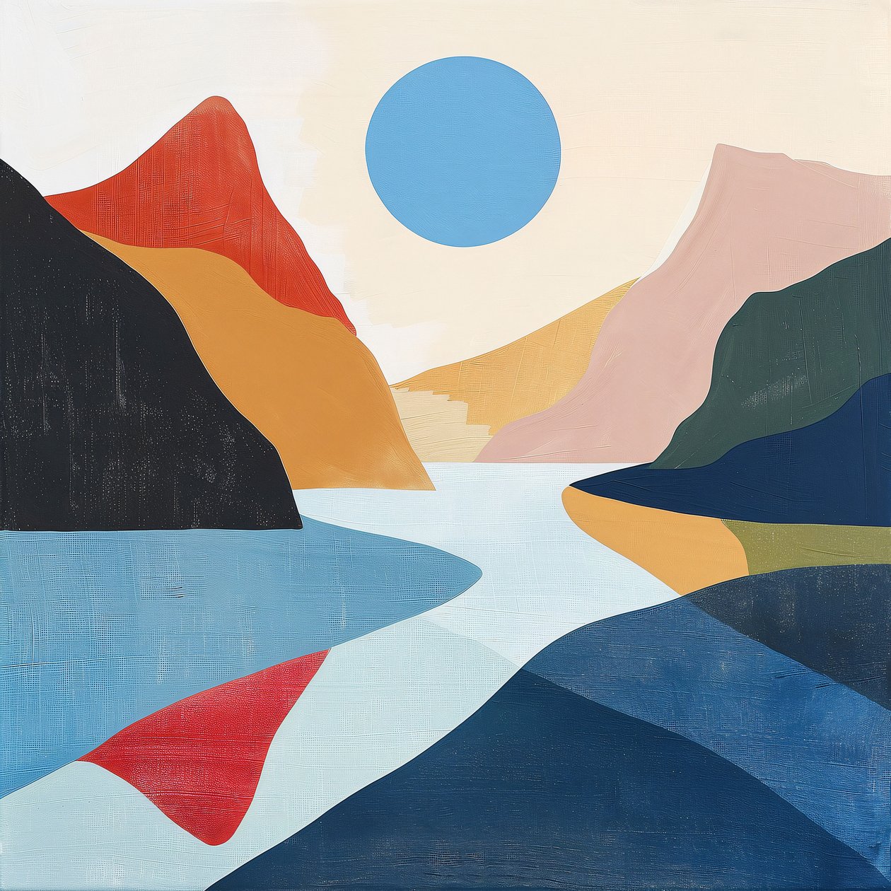 Lake view abstract landscape geometric shapes minimalist by F. Abderrahim