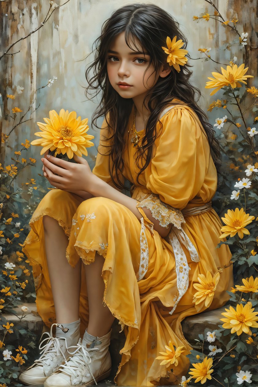 Beautiful Girl Holding Flowers in a Landscape by F. Abderrahim