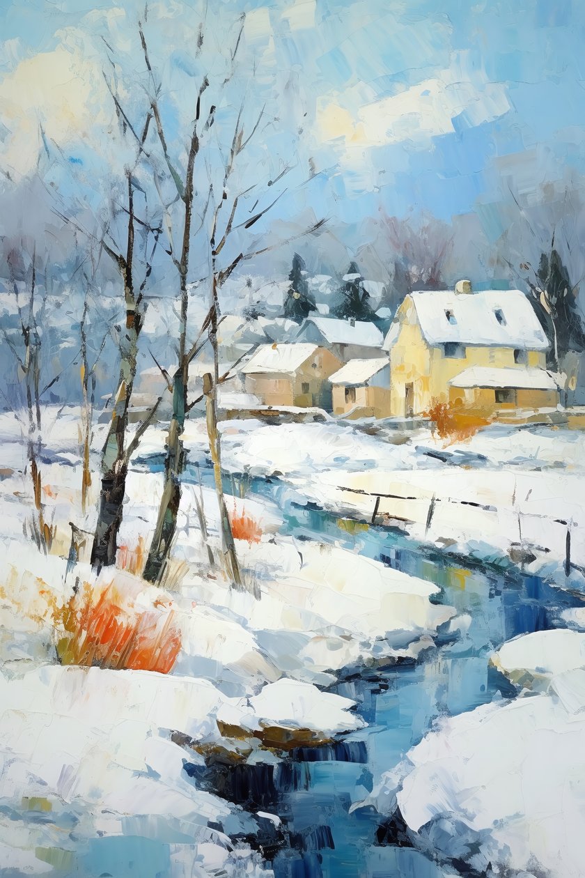 Village in Snowy Landscape by F. Abderrahim