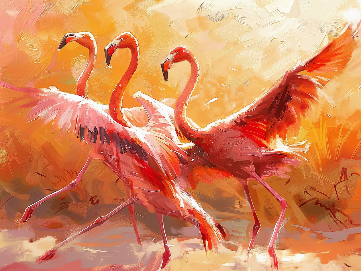 Abstract Painting of Flamingos Dancing by F. Abderrahim