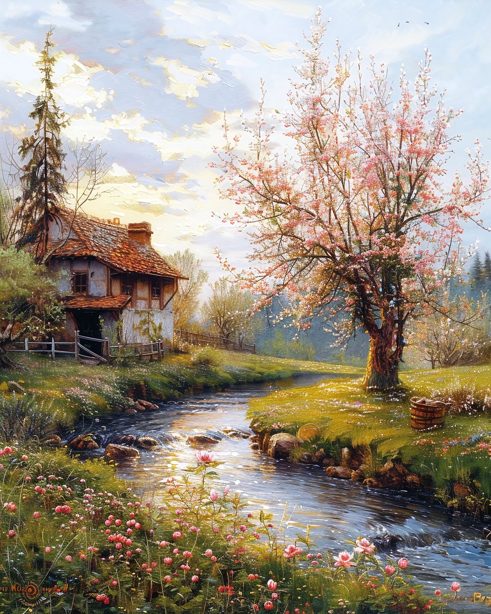 Old House & Landscape with Flowing River by F. Abderrahim