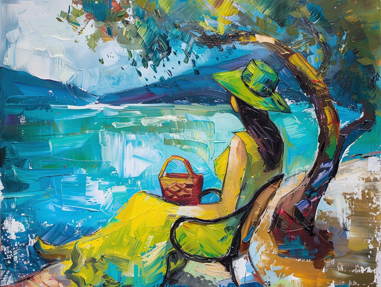 Painting of Modern Woman with Green Dress by F. Abderrahim