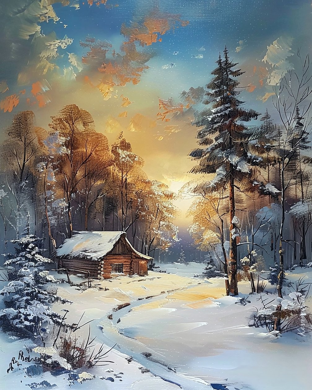 Hut in the Middle of a Forest and Snow, Winter Landscape by F. Abderrahim
