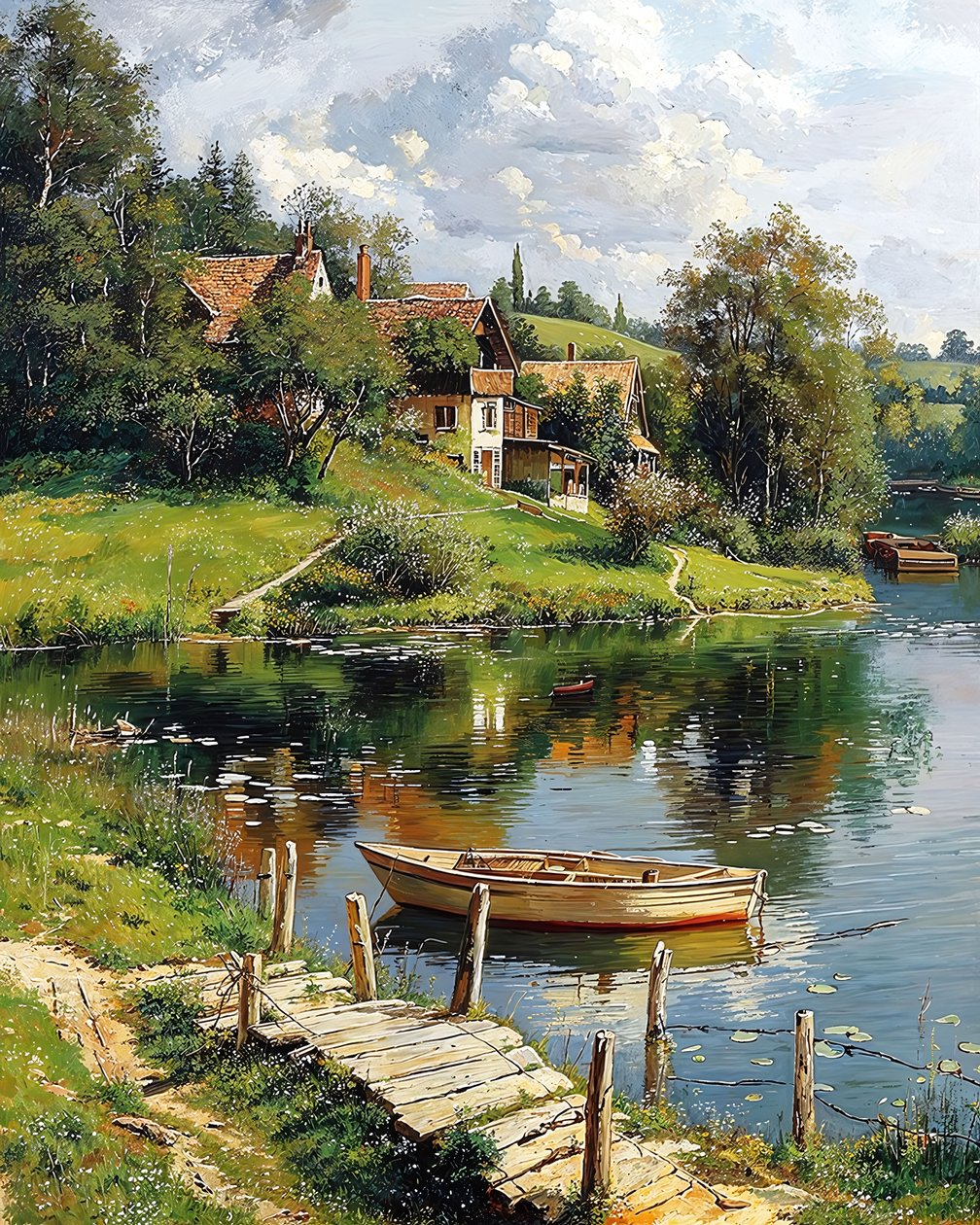 A Wooden Boat Moored Next to a River and a Traditional Village by F. Abderrahim