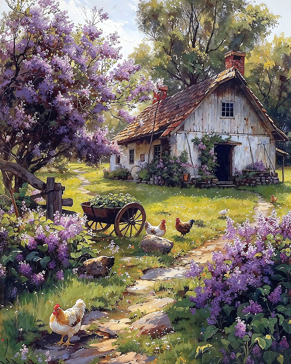 Flowers and Poultry in a Wooden Cabin Garden by F. Abderrahim