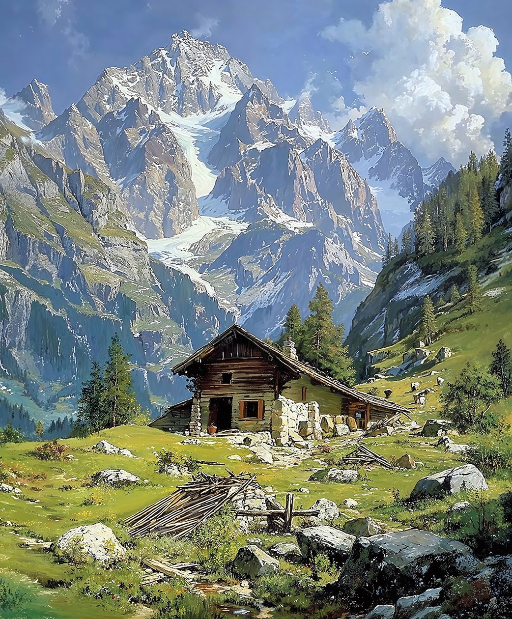 Log Cabin in the Swiss Alps in Spring by F. Abderrahim