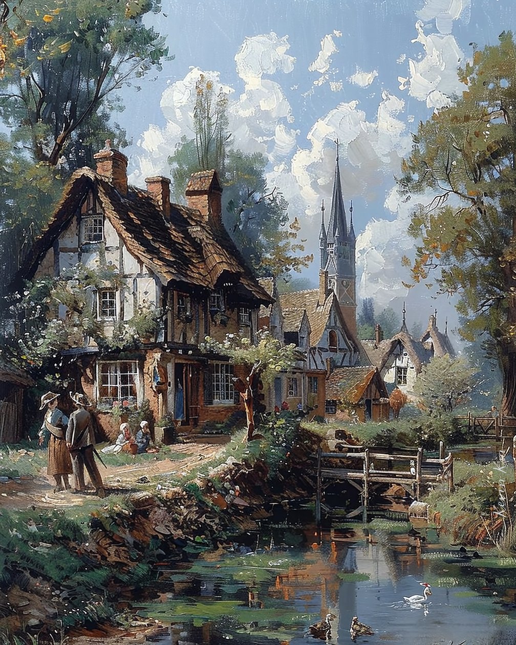 Drawing of a Village and Wooden Houses from the Middle Ages by F. Abderrahim