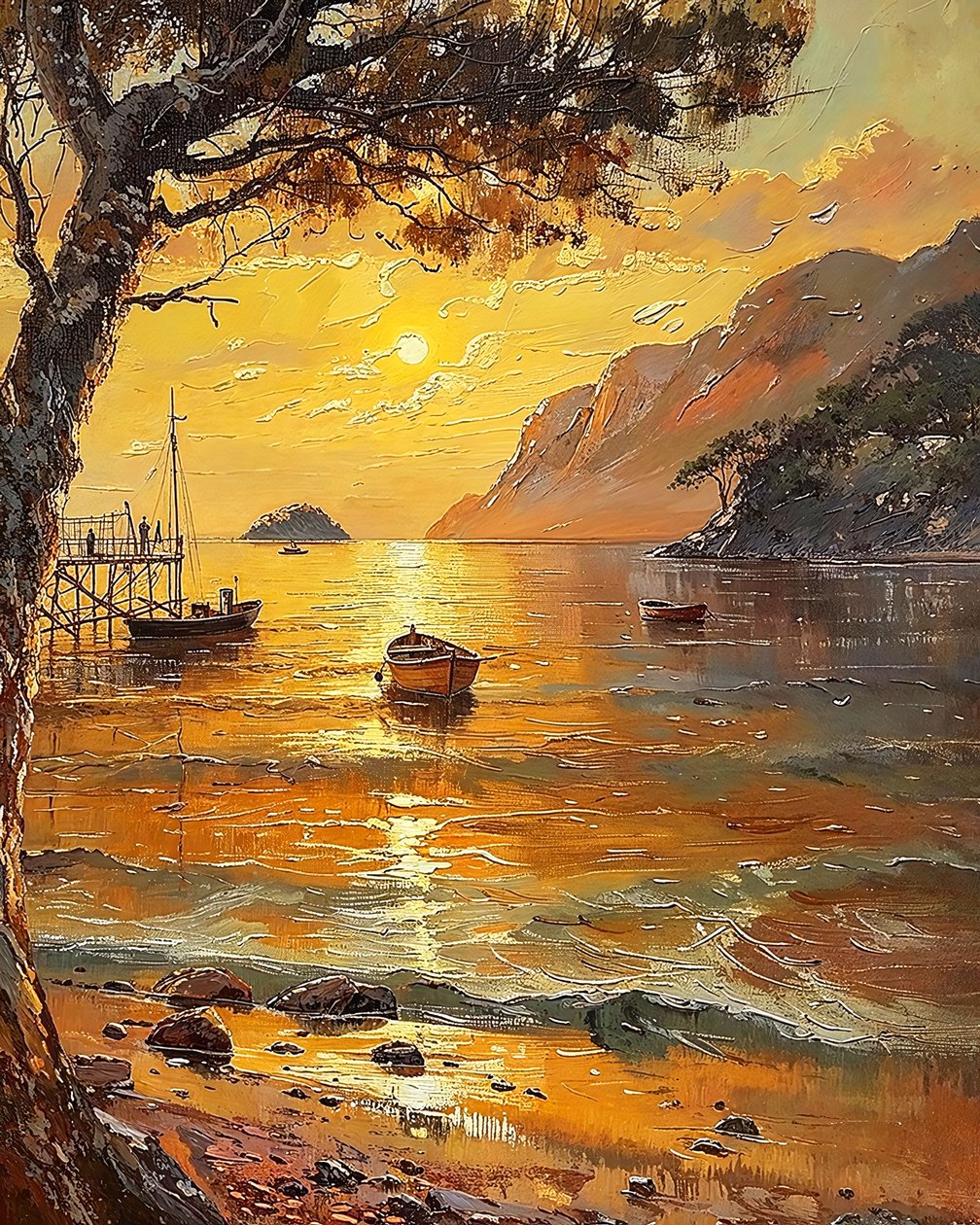 Beach and Boats, Sunset in the Evening by F. Abderrahim