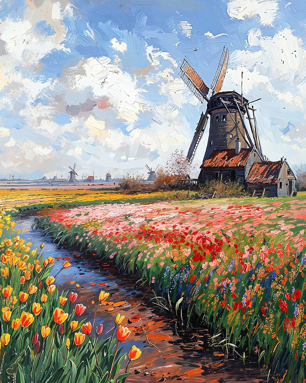 A Medieval Stone Windmill in a Flowered Marsh Connected to the Water by F. Abderrahim