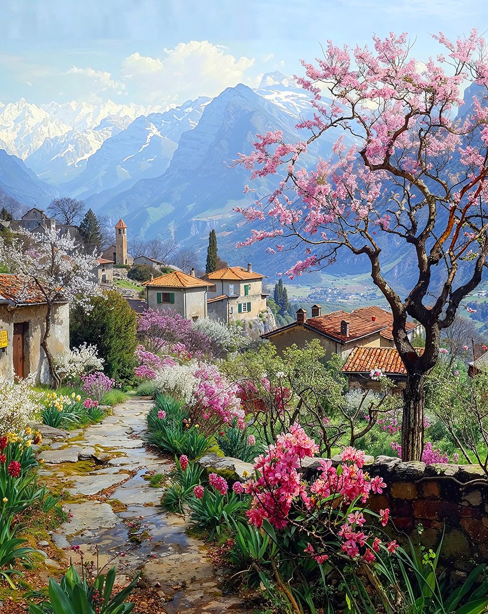 A Beautiful Village Surrounded by Flowering Plants in a Mountainous Landscape by F. Abderrahim