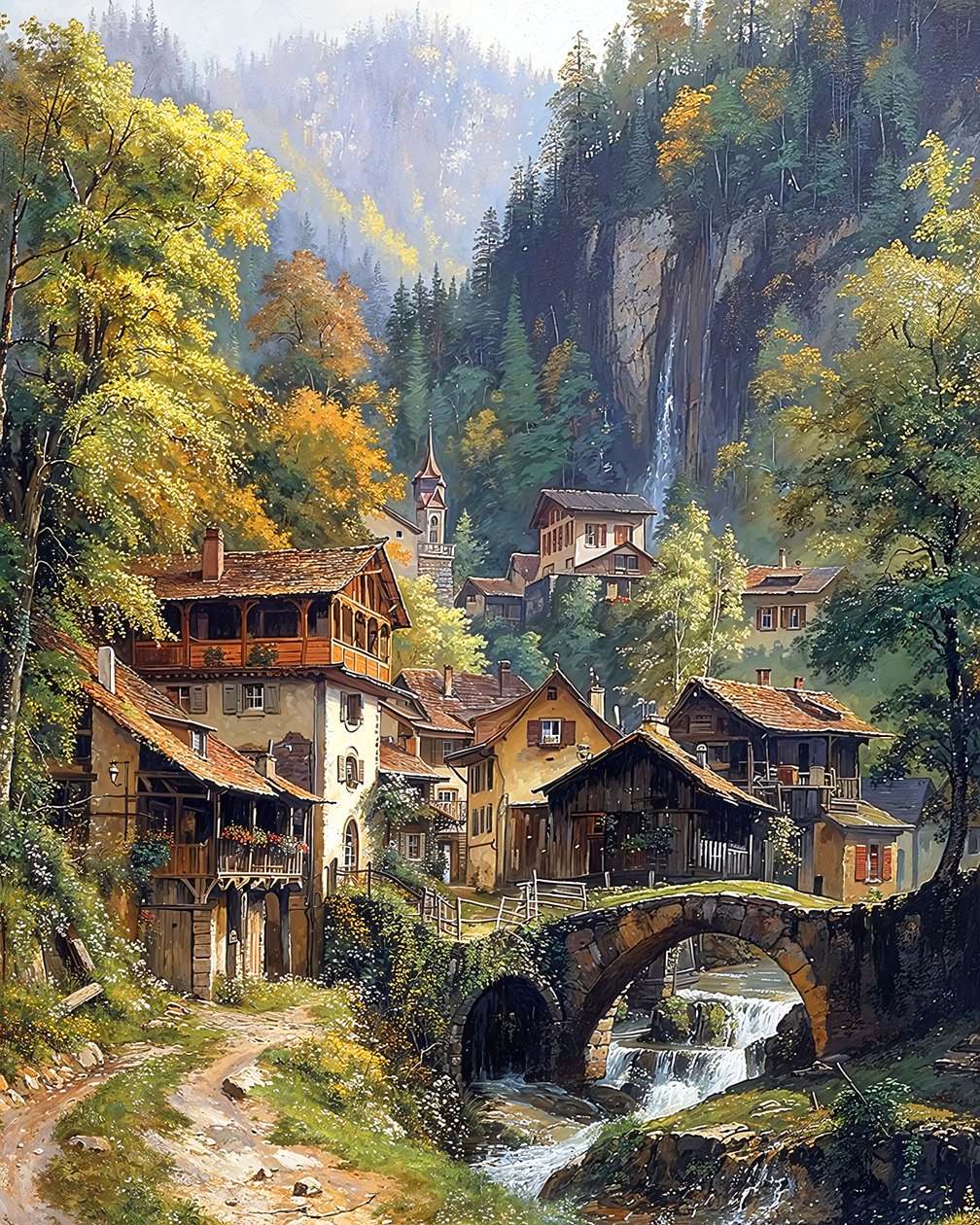 A medieval village and a stone arch between the mountains by F. Abderrahim