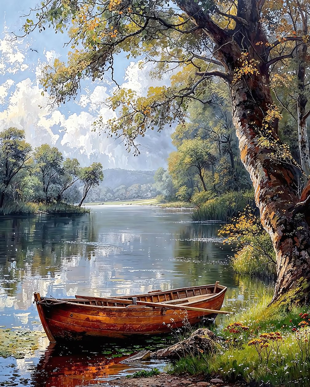 A boat anchored on the edge of a river in the middle of a forest by F. Abderrahim