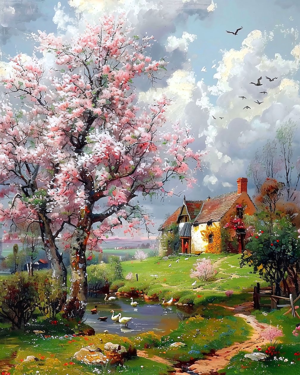 Old house and Landscape with Blossoming Trees by F. Abderrahim