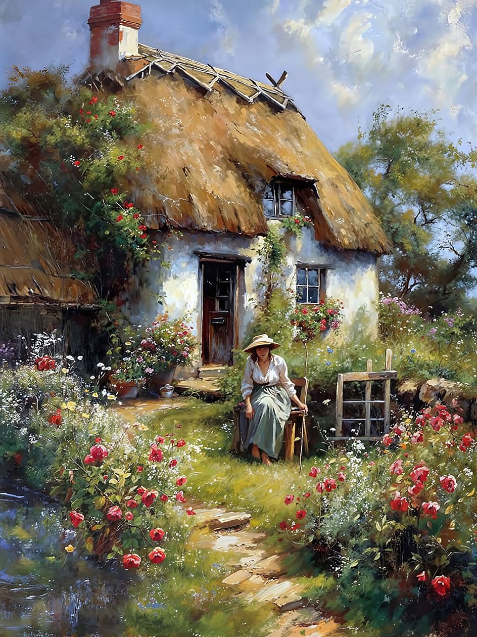 A woman sits in a garden in front of a hut in the countryside by F. Abderrahim