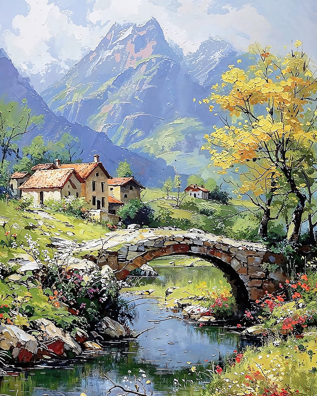 Landscape with Sunset Over Mountains by F. Abderrahim