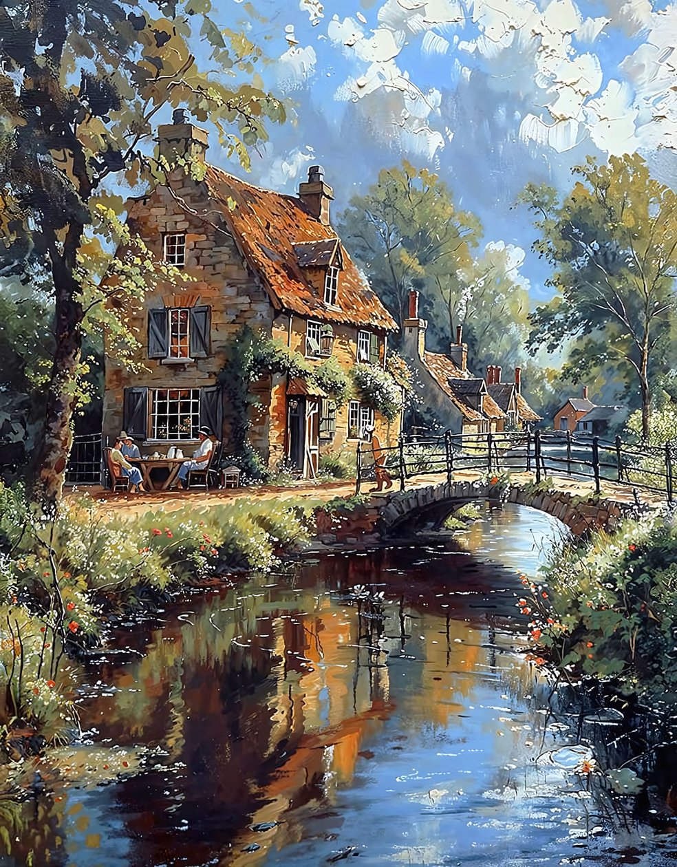 An old bridge over a stream next to a hut in a European countryside landscape by F. Abderrahim