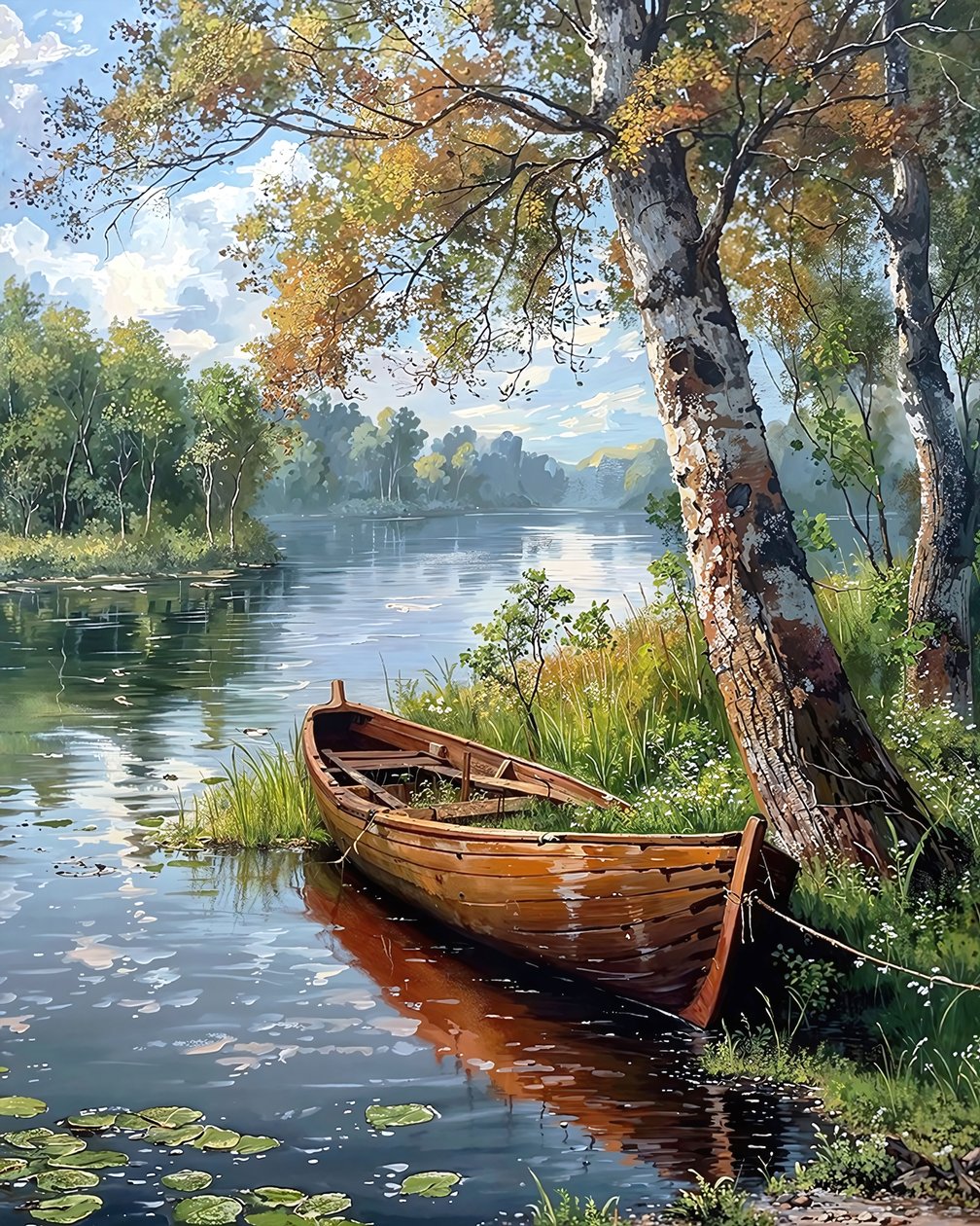 Beautiful Landscape with a River & Boat by F. Abderrahim