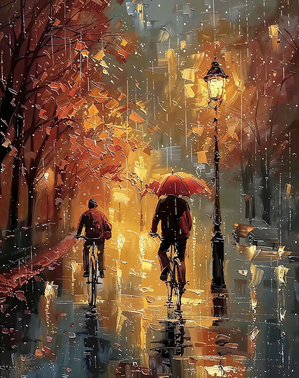Cyclists cycling in the middle of a street in the rain by F. Abderrahim