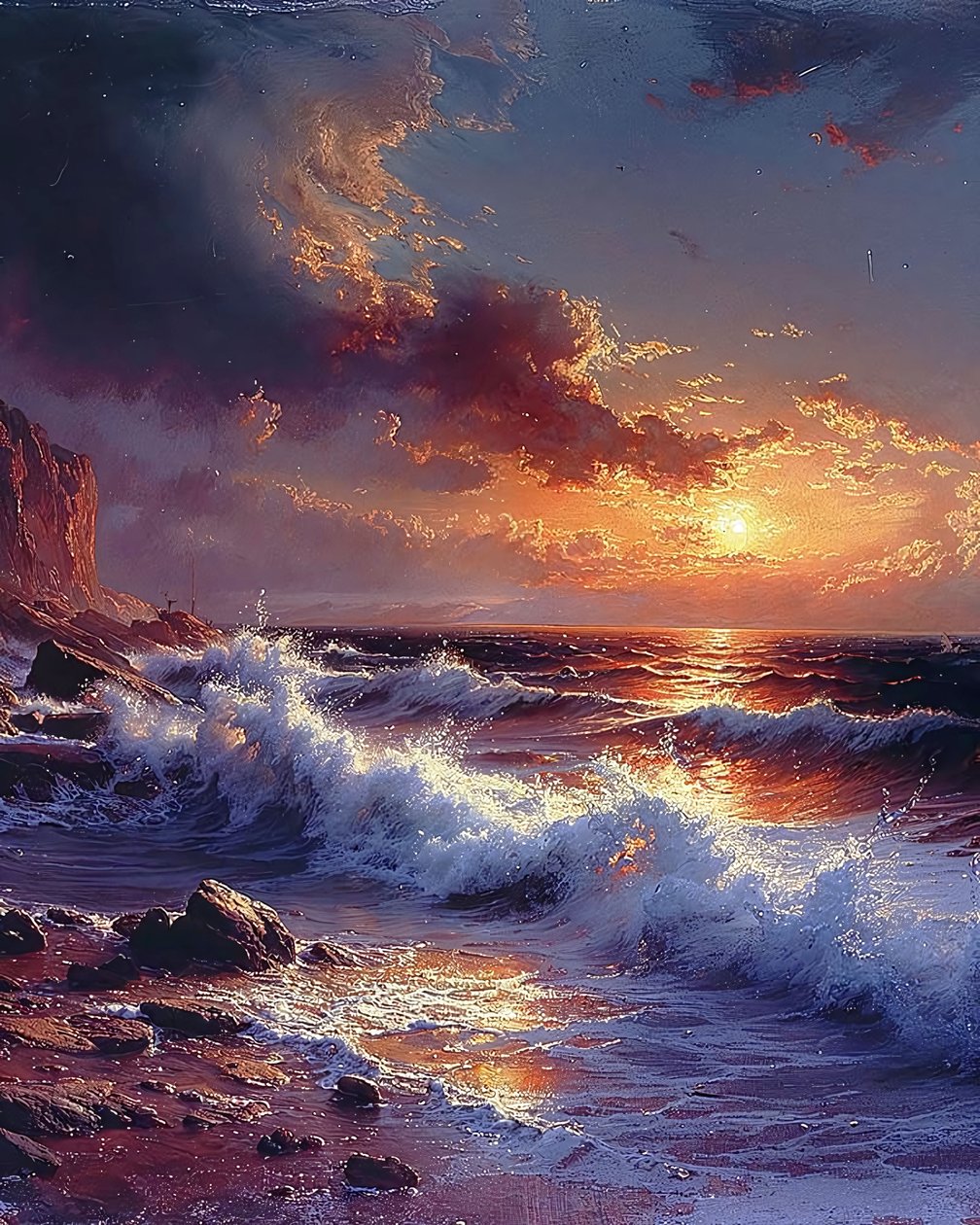 Delicate drawing of waves at sunset on a seaside by F. Abderrahim