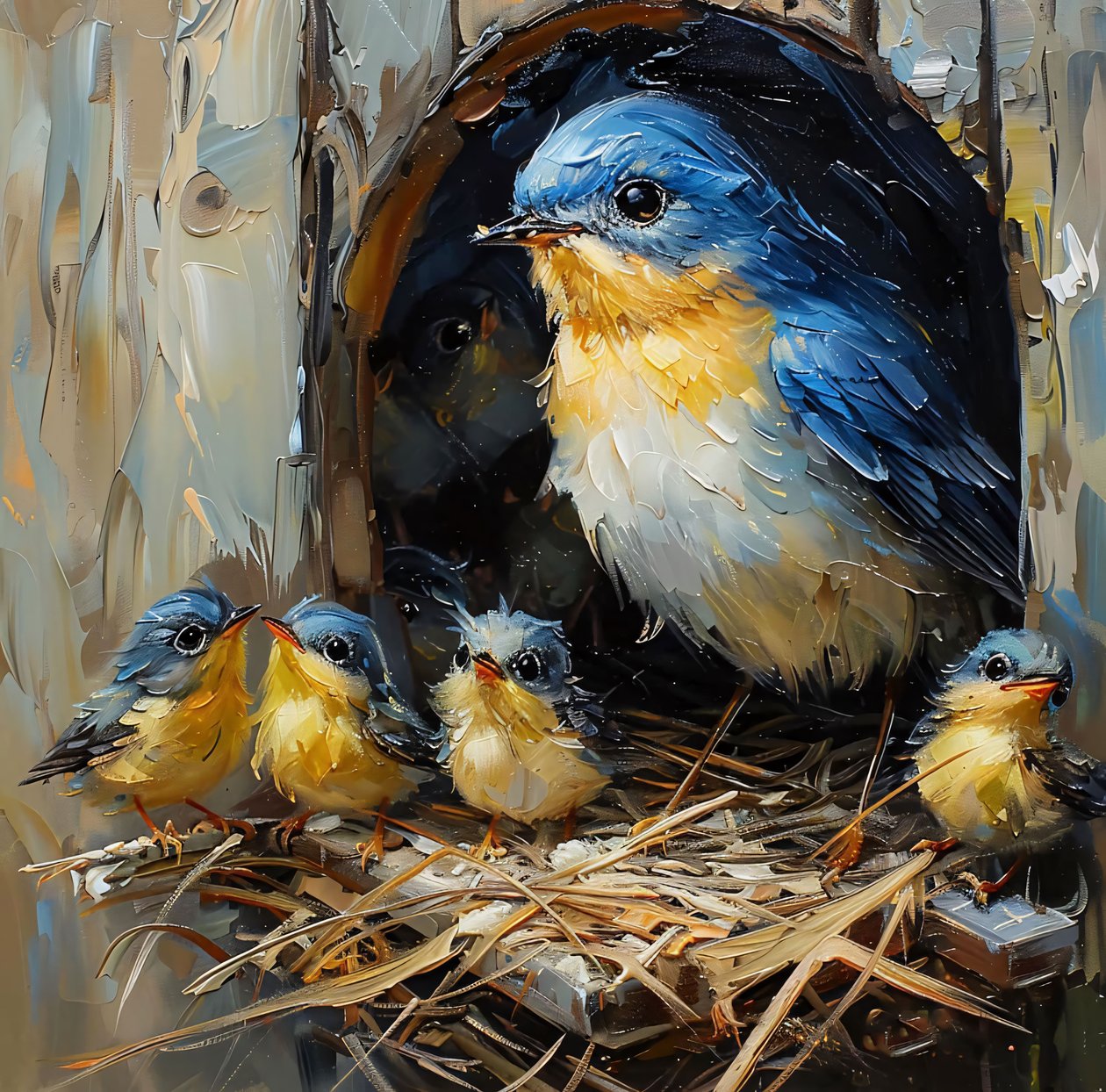 A Colorful Bird & Its Young in a Nest in a Tree by F. Abderrahim