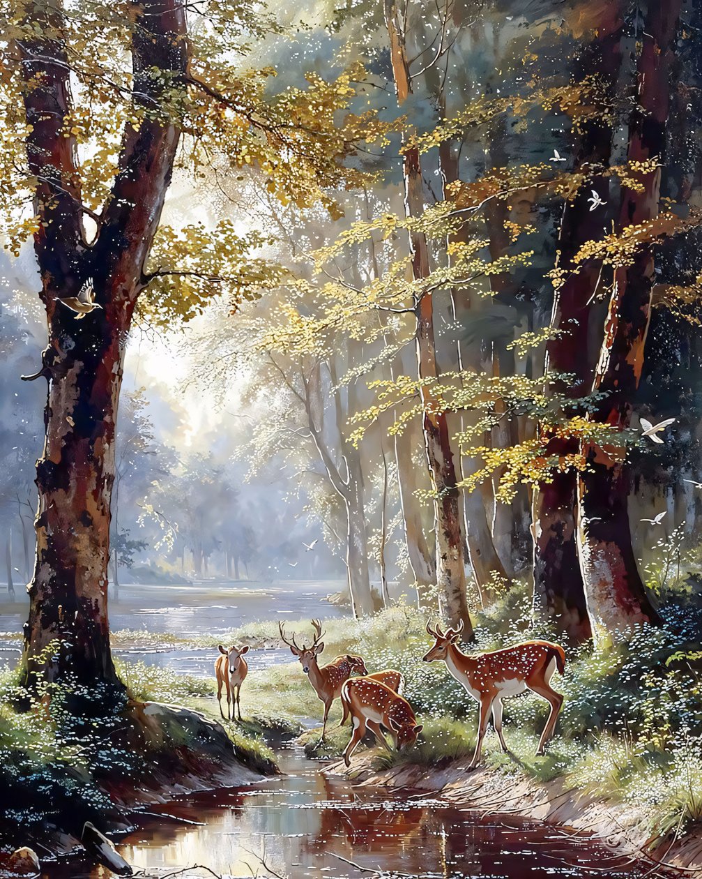 A Deer Among the Trees Drinking Water from a Lake by F. Abderrahim