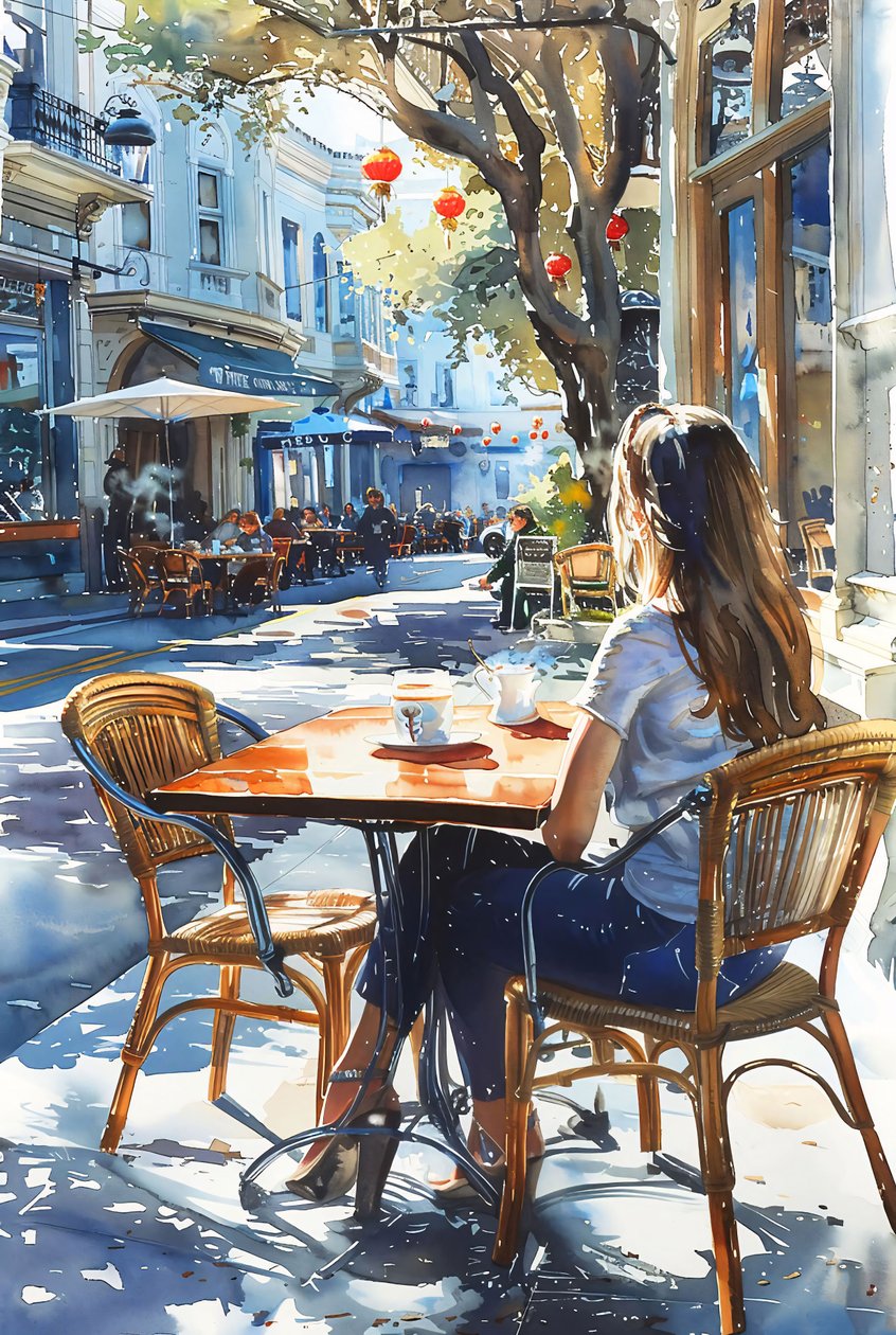 A Woman Sits in a Chair at a Café on a Street in Paris by F. Abderrahim