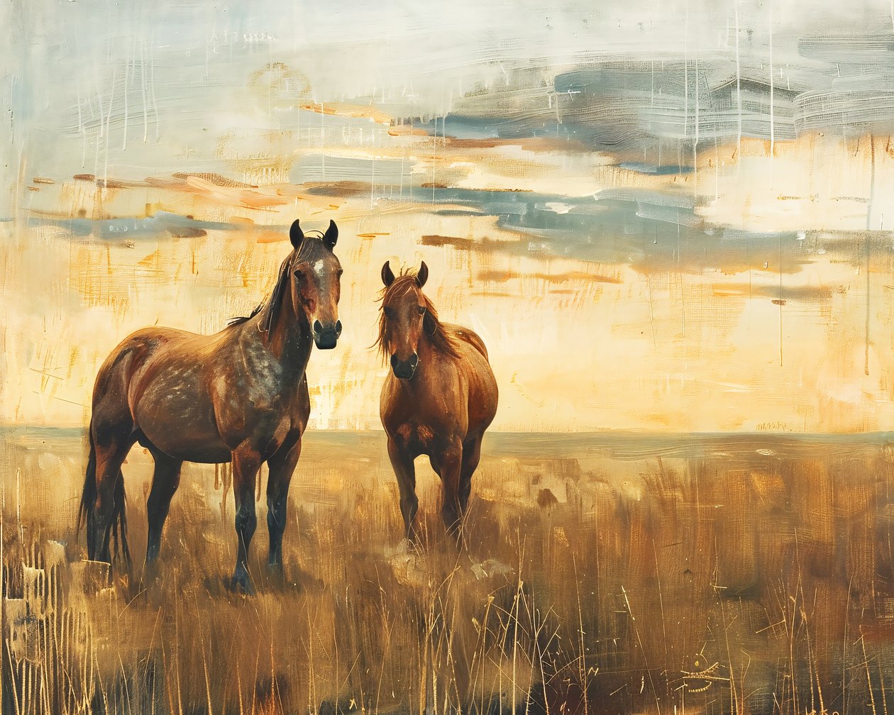 Majestic Horses in a Field at Sunset by F. Abderrahim